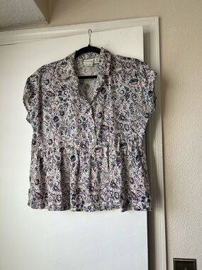 Rachel Zoe Floral Short-Sleeve Linen Button Front Top - White/Pink/Navy